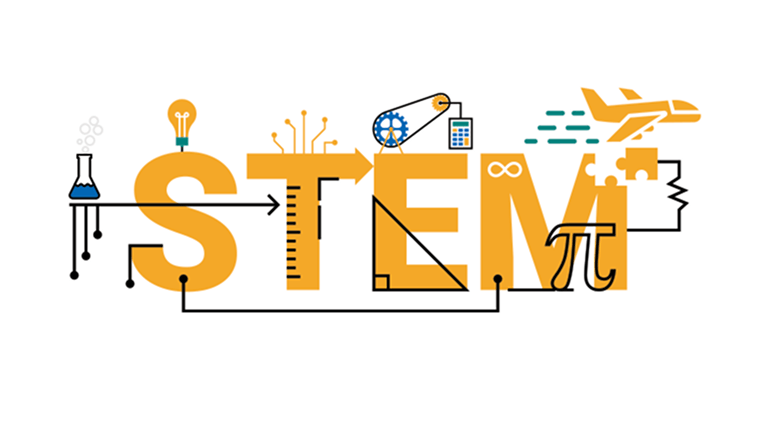 STEM illustration with icons depicting science, engineering and math