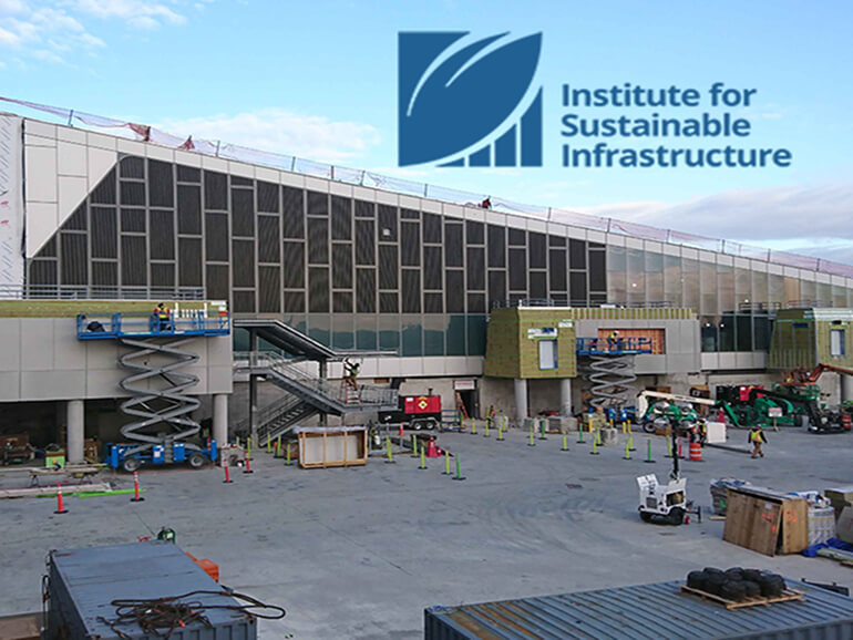 Exterior view of LaGuardia's Terminal B and an Institute for Sustainable Infrastructure logo in the upper right