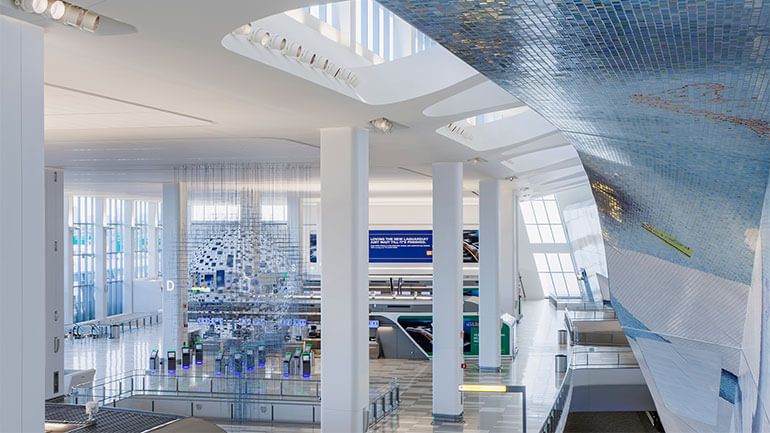 View of LaGuardia's Terminal B Departure Hall and Sara Sze's "Shorter than the Day" art installation